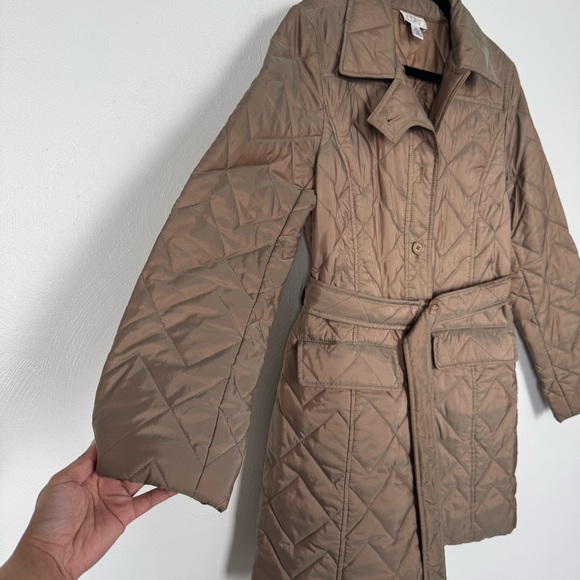 Loft Ann Taylor Quilted Trench Coat Women Medium Tan Gold Belted Button Outdoor - Picture 4 of 10